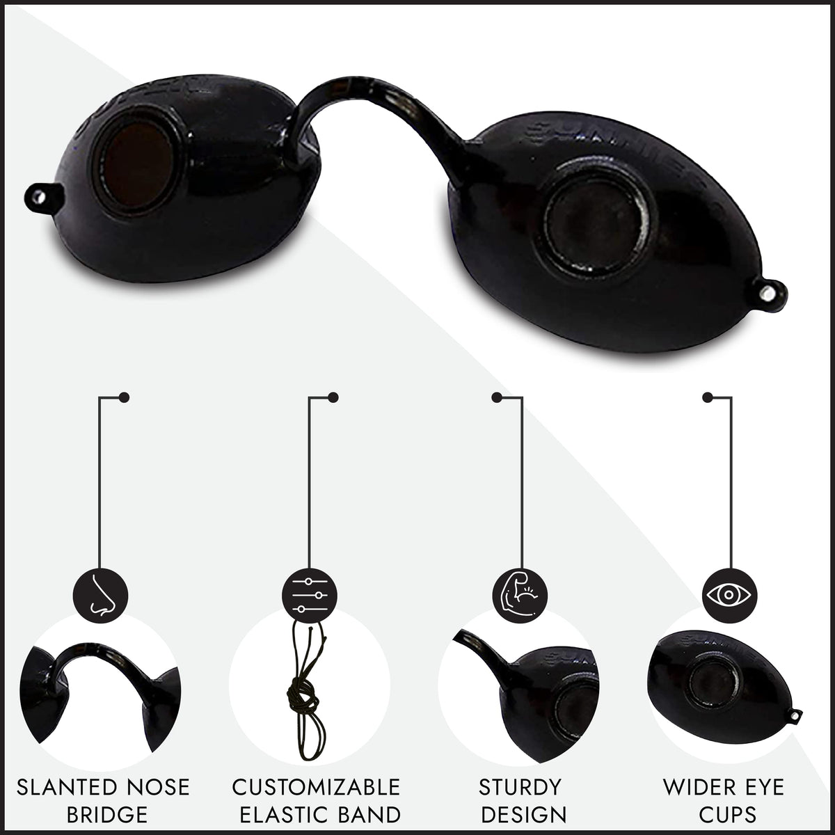 Super Sunnies goggles with elastic strap demonstrating secure fit benefit