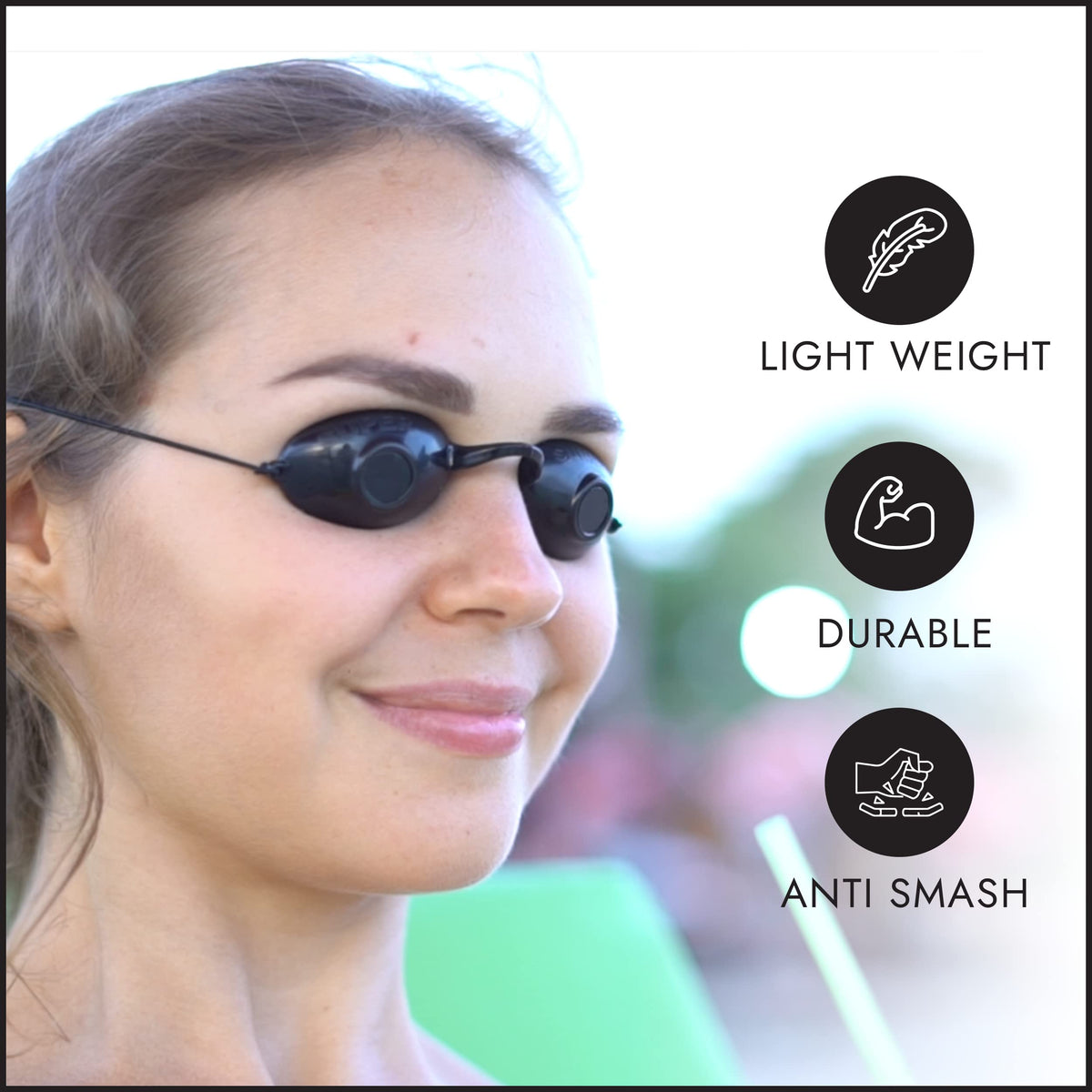 Super Sunnies held in hand for scale showing slim lightweight design