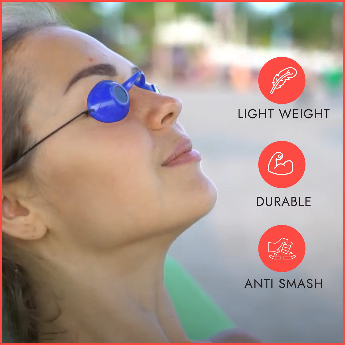 Super Sunnies next to hand for size comparison showing compact convenience benefit