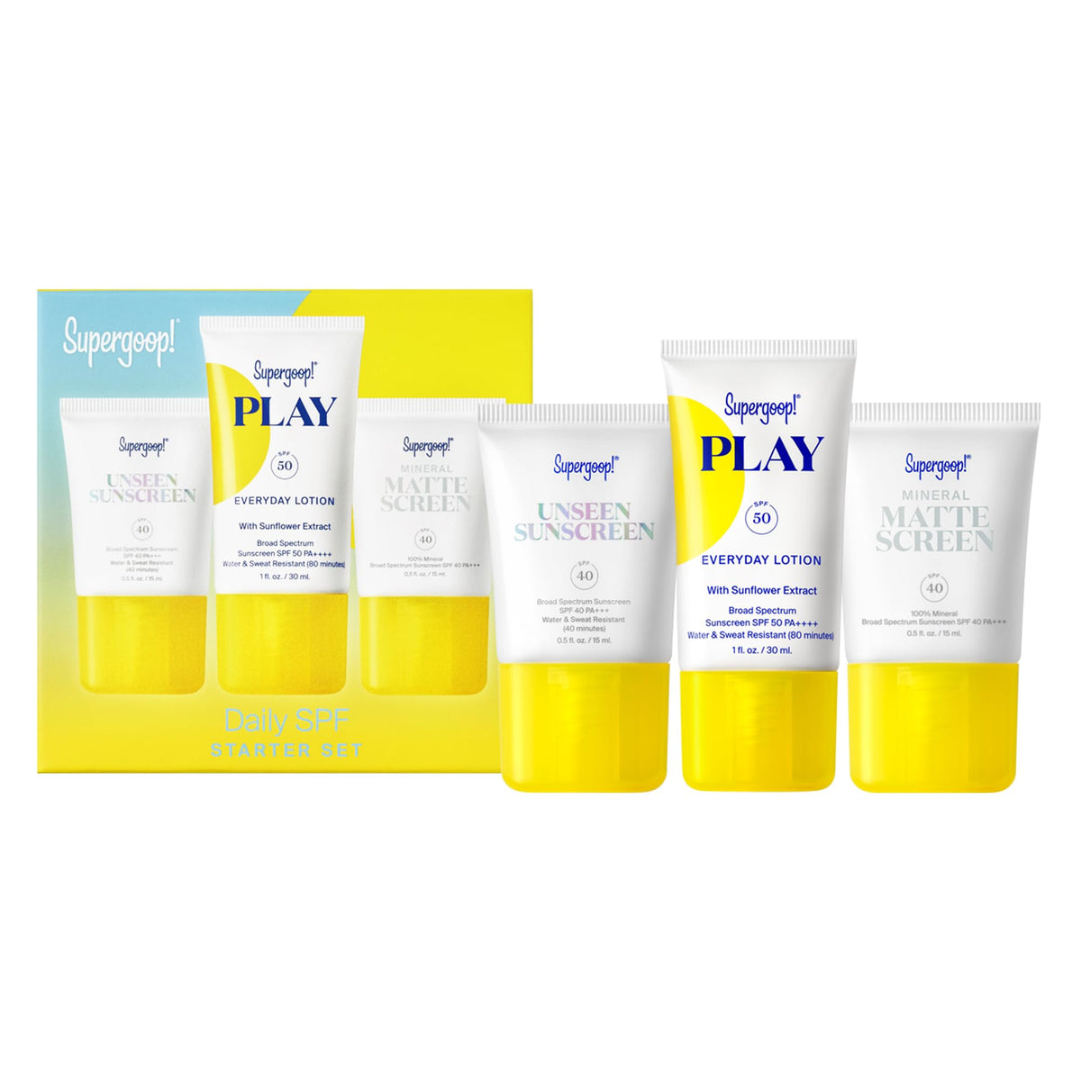 Supergoop! starter kit front view with travel SPF options, easy daily use
