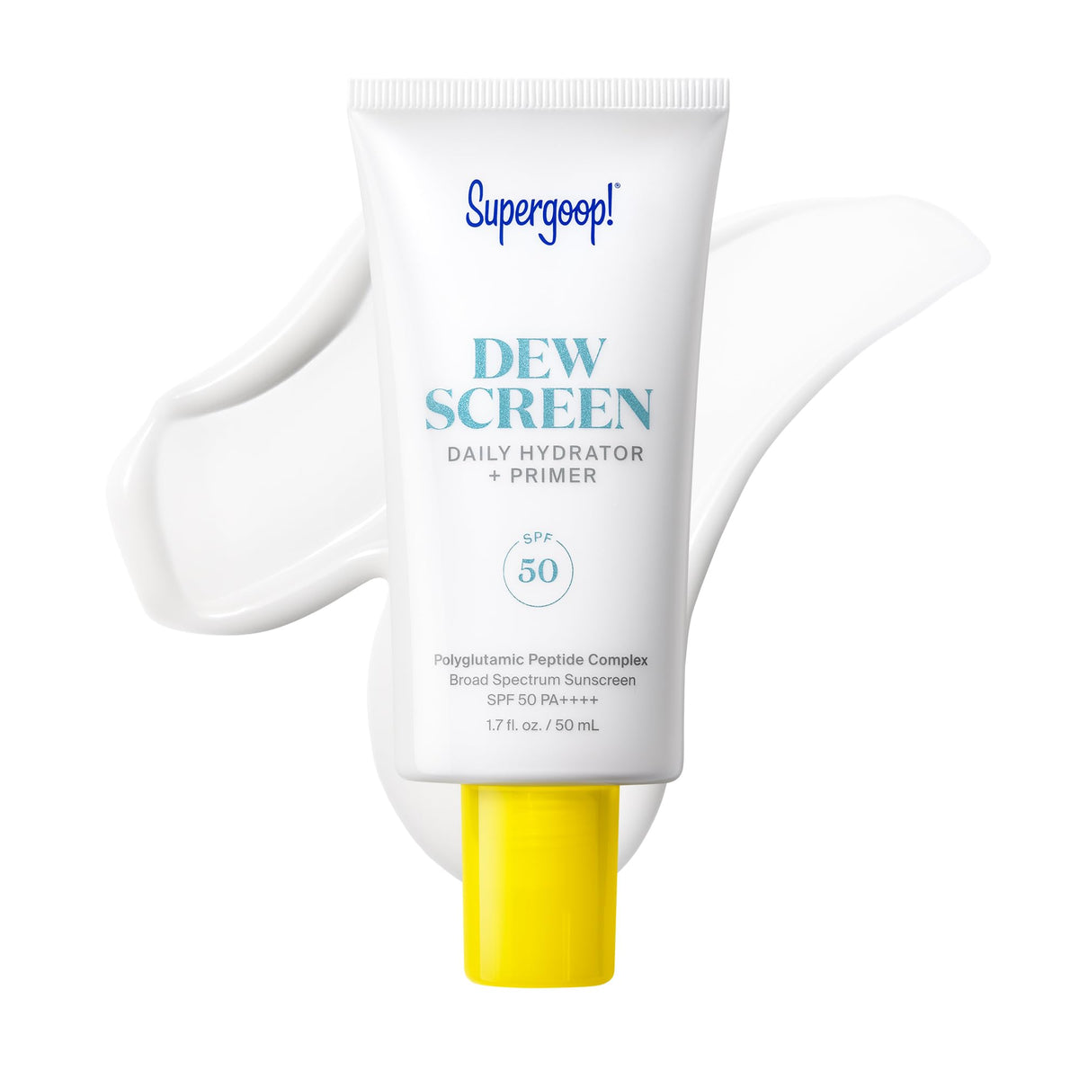 Supergoop! Dewscreen front packaging showing SPF 50 protection and sleek tube design