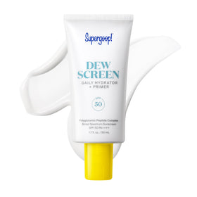 Supergoop! Dewscreen front packaging showing SPF 50 protection and sleek tube design