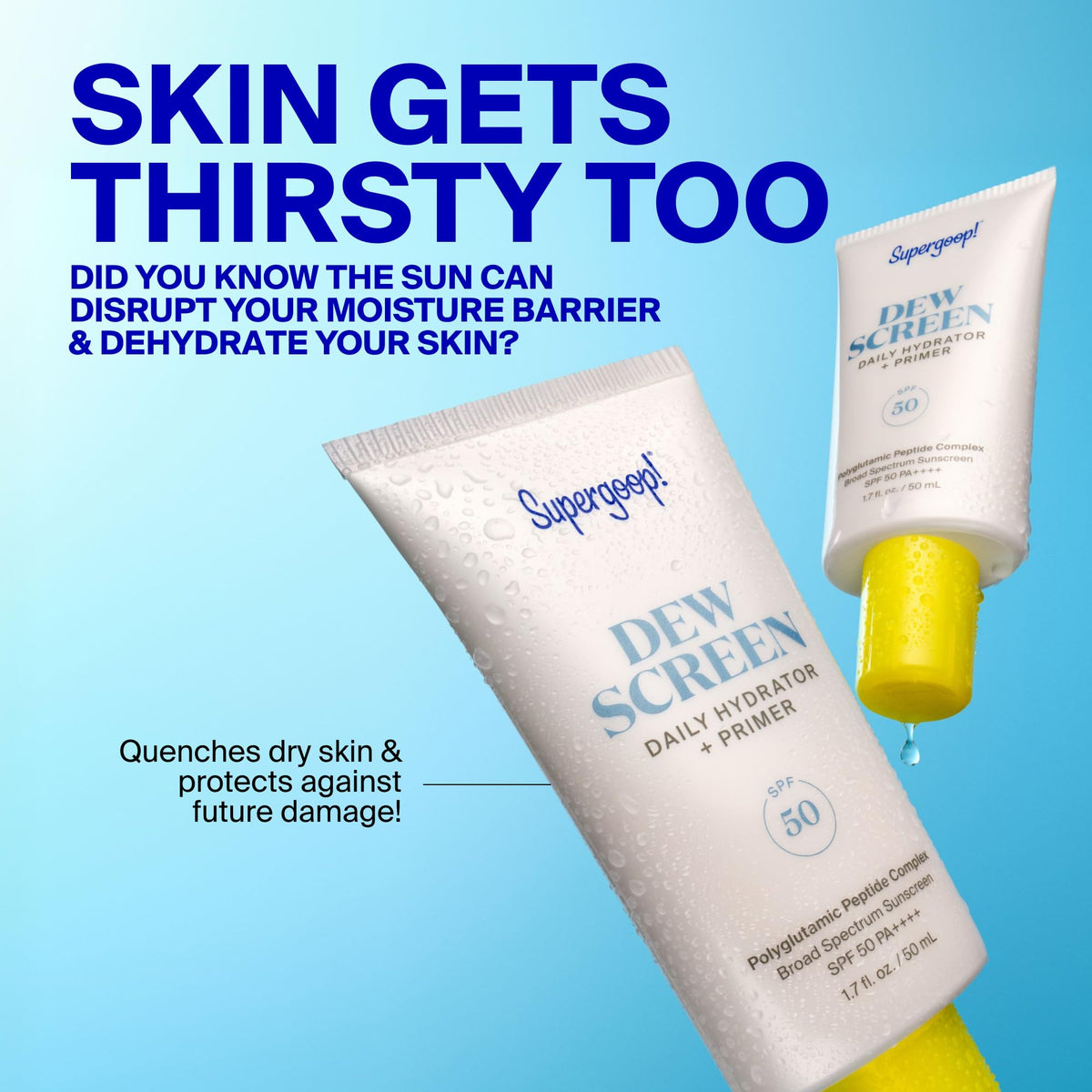 Supergoop! Dewscreen highlighting peptide ingredient graphic for long-lasting moisture