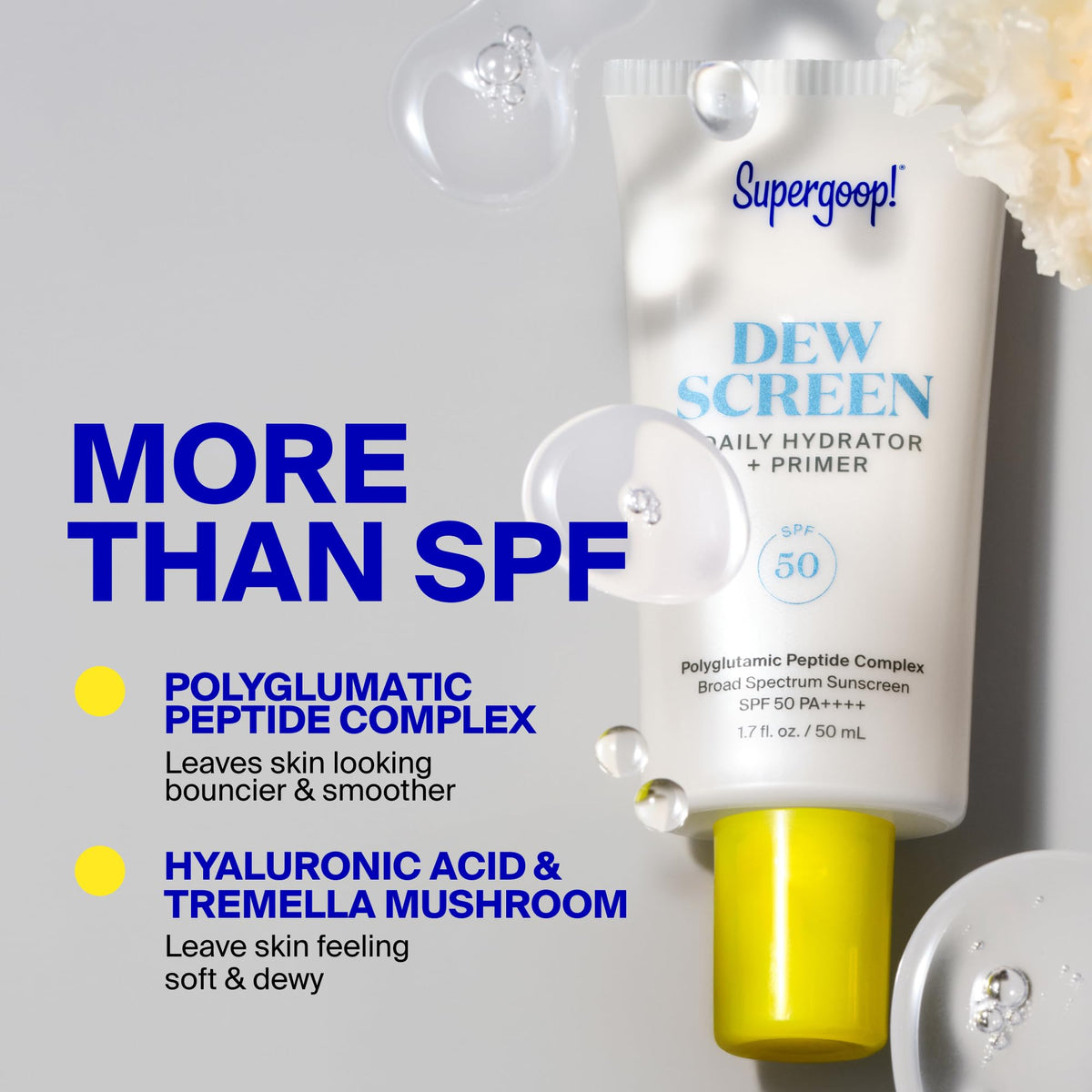Supergoop! Dewscreen next to everyday items showing product size and portability