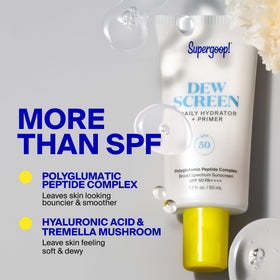 Supergoop! Dewscreen next to everyday items showing product size and portability
