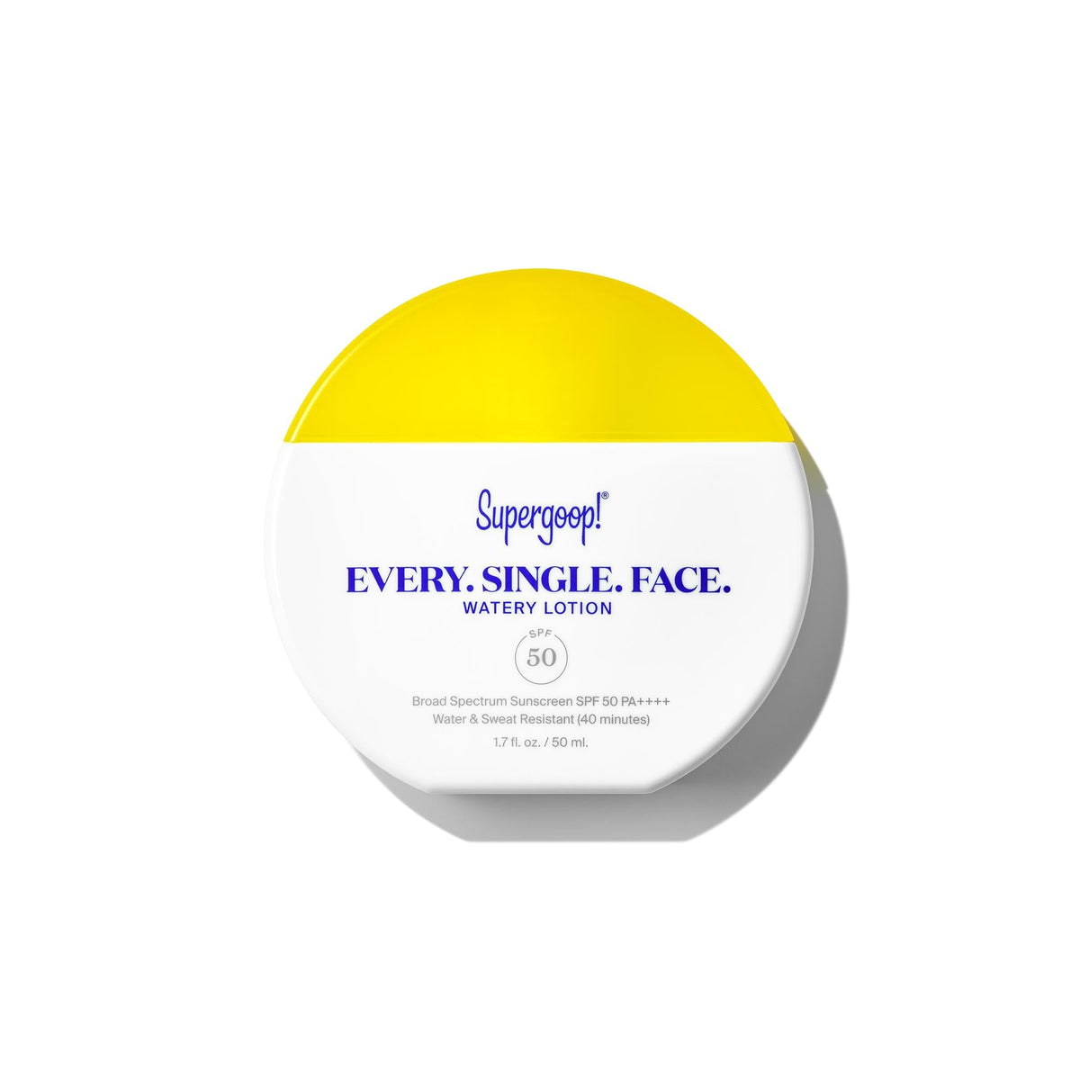 Supergoop! front packaging showing SPF 50 and compact size for easy travel