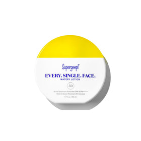 Supergoop! front packaging showing SPF 50 and compact size for easy travel
