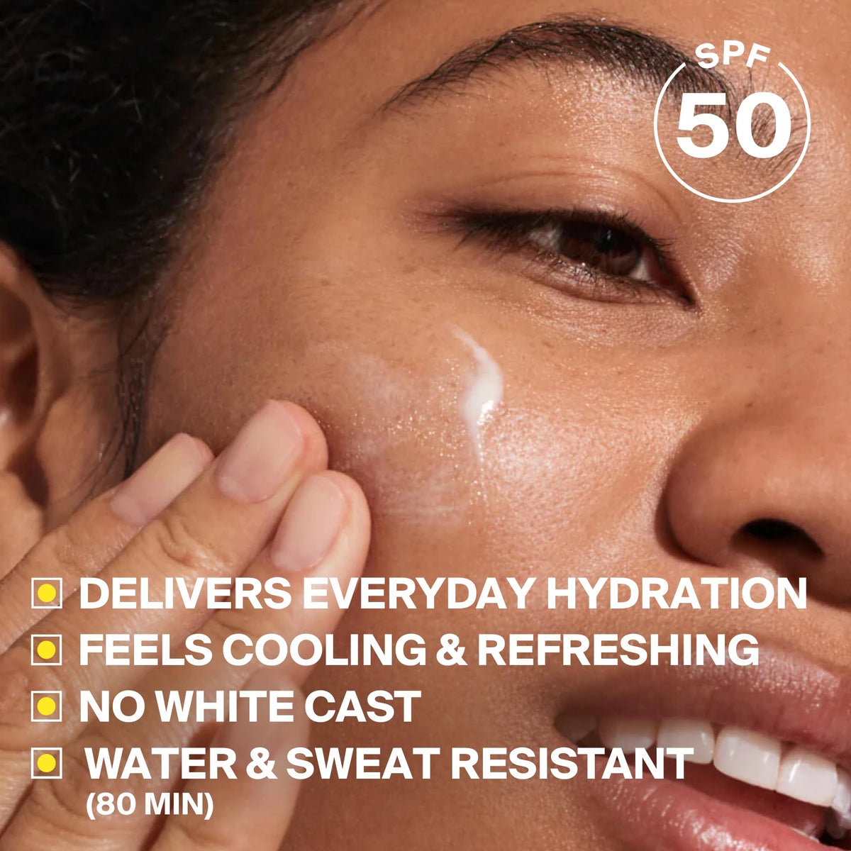 Supergoop! pump dispensing watery lotion demonstrating simple, mess-free use
