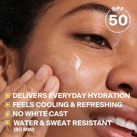 Supergoop! pump dispensing watery lotion demonstrating simple, mess-free use