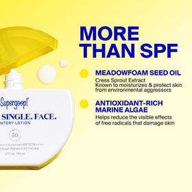 Supergoop! beside a wallet to show compact 1.7 fl oz travel-friendly size