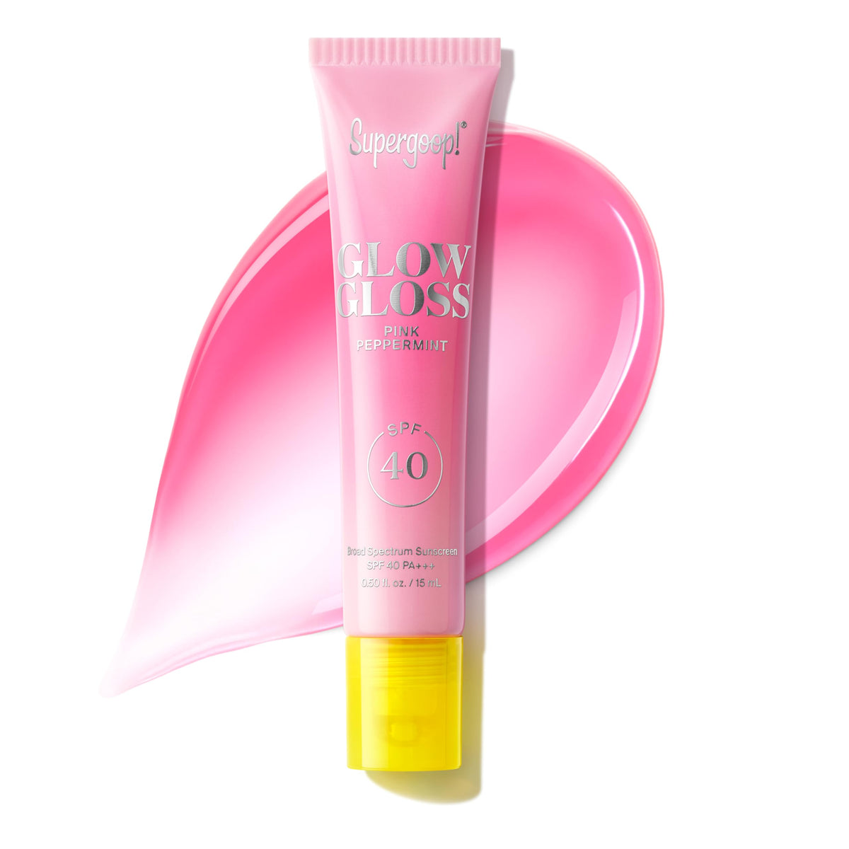 Supergoop! front packaging showing SPF and pink peppermint benefit