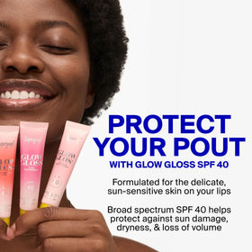 Supergoop! gloss on lips at beach showing sun protection benefit