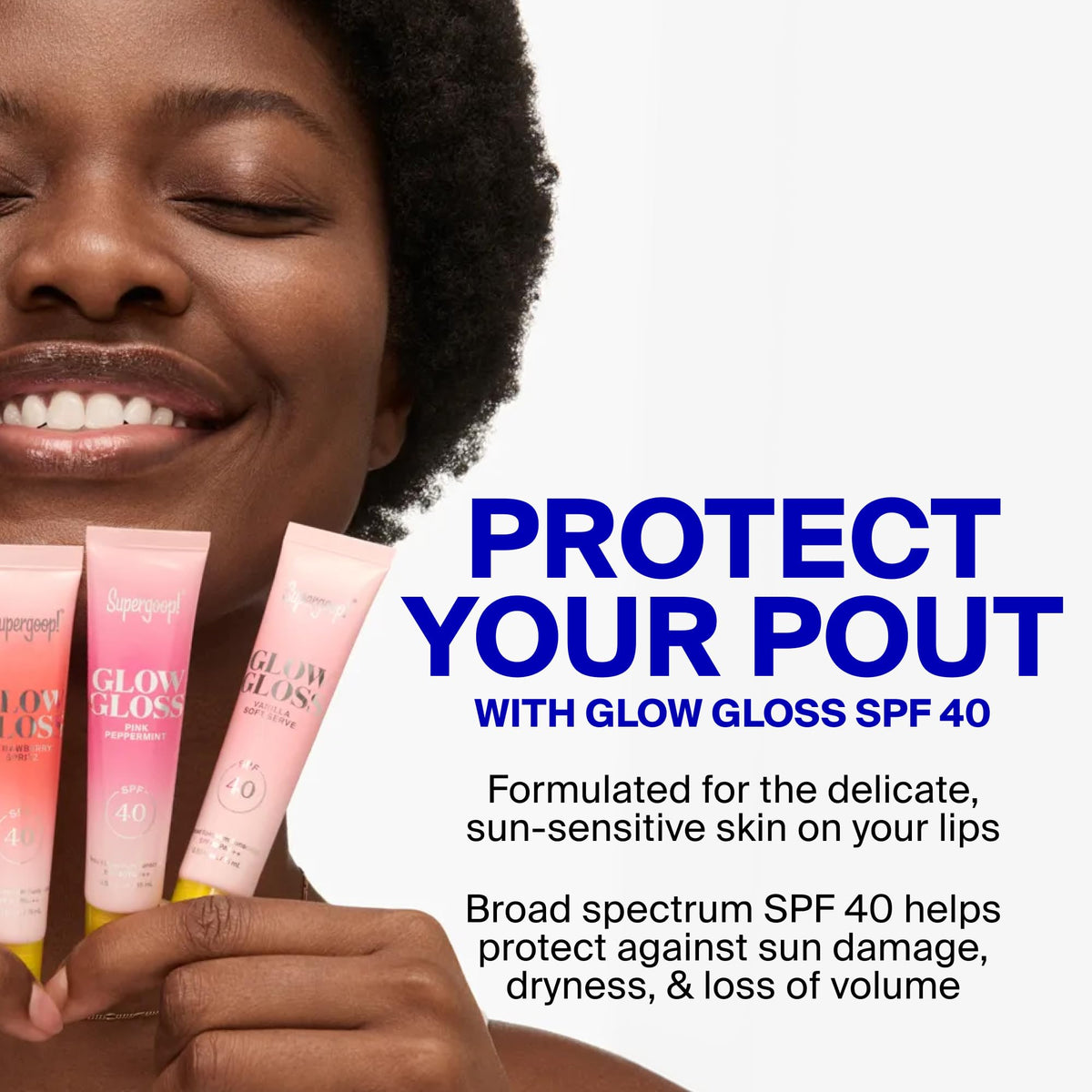 Supergoop! gloss on lips outdoors showing sun protection and shine