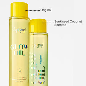 Supergoop! oil applied on shoulder at beach providing sun protection and glow