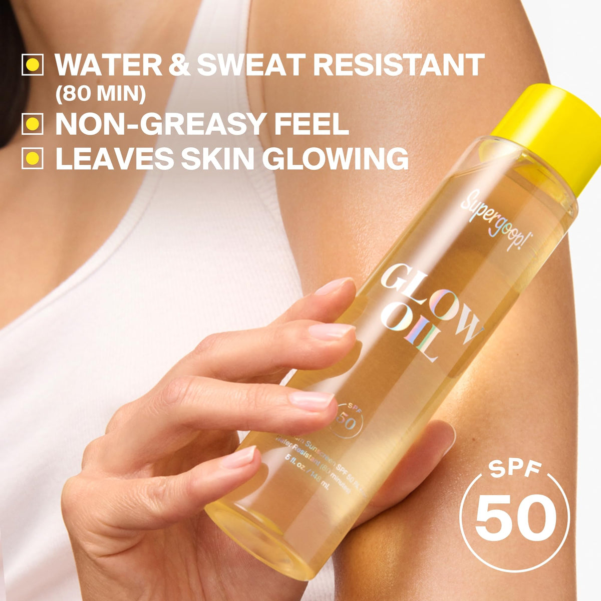 Supergoop! oil texture close-up demonstrating lightweight, quick absorption