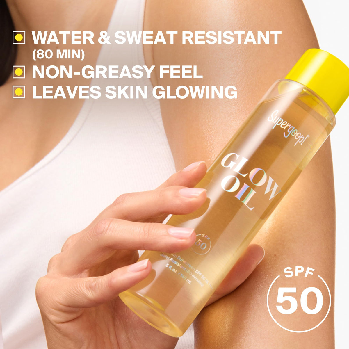 Supergoop! oil texture on skin demonstrating fast absorption and glow