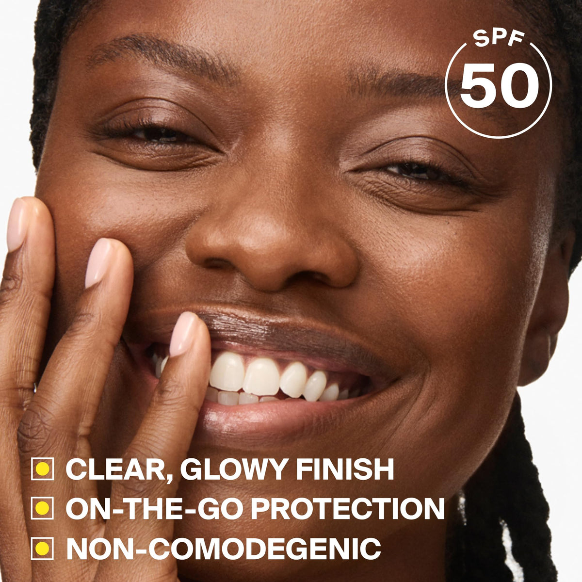 Supergoop! Glow Stick applied on cheek for quick targeted SPF protection