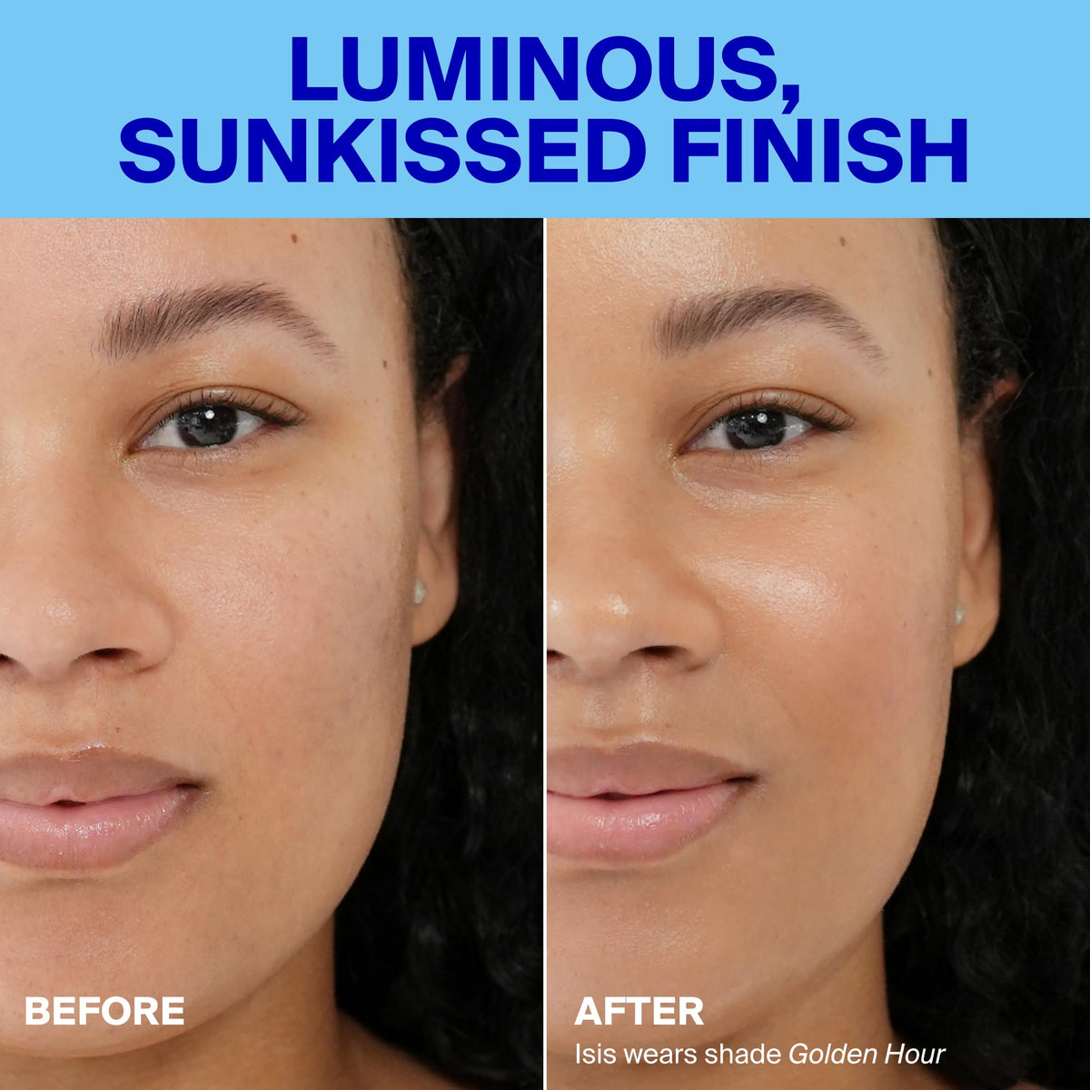 Supergoop! before and after face showing evened tone and luminous bronzed glow