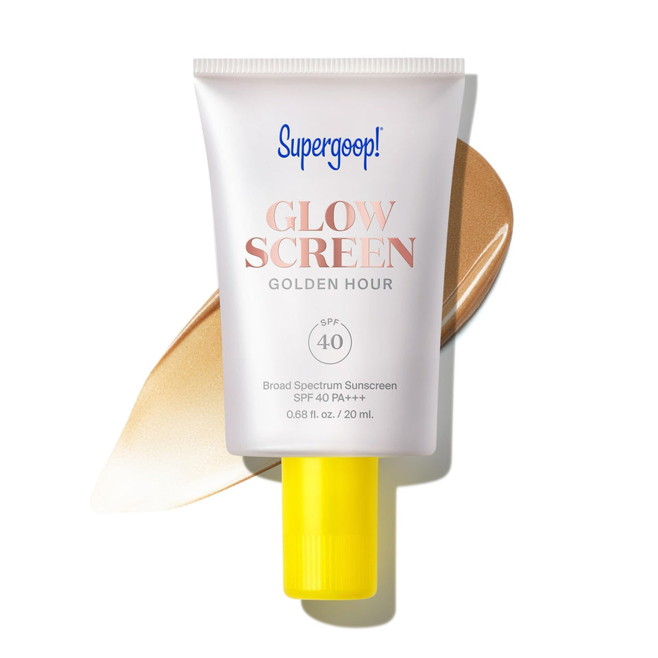 Supergoop! front tube view showing golden hour tinted sunscreen and SPF 40 benefit