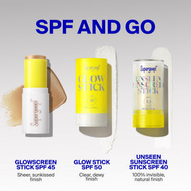 Supergoop! Glowscreen inside a beach bag lifestyle shot signaling easy reapplication outdoors
