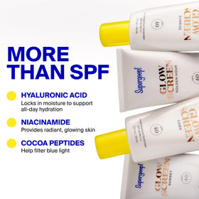 Supergoop! label close-up showing ingredients and hydrating formulas benefit