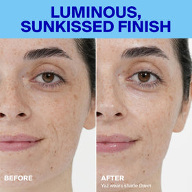 Supergoop! applied to cheek demonstrating dewy skin and even tone