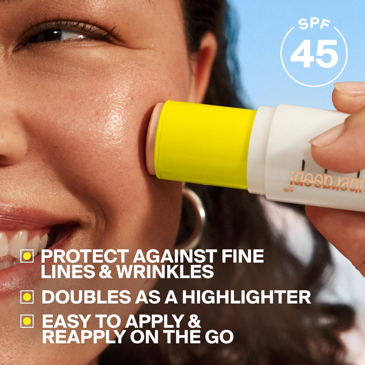 Supergoop! applying Glowscreen to cheek for instant sheer sunkissed highlight and protection
