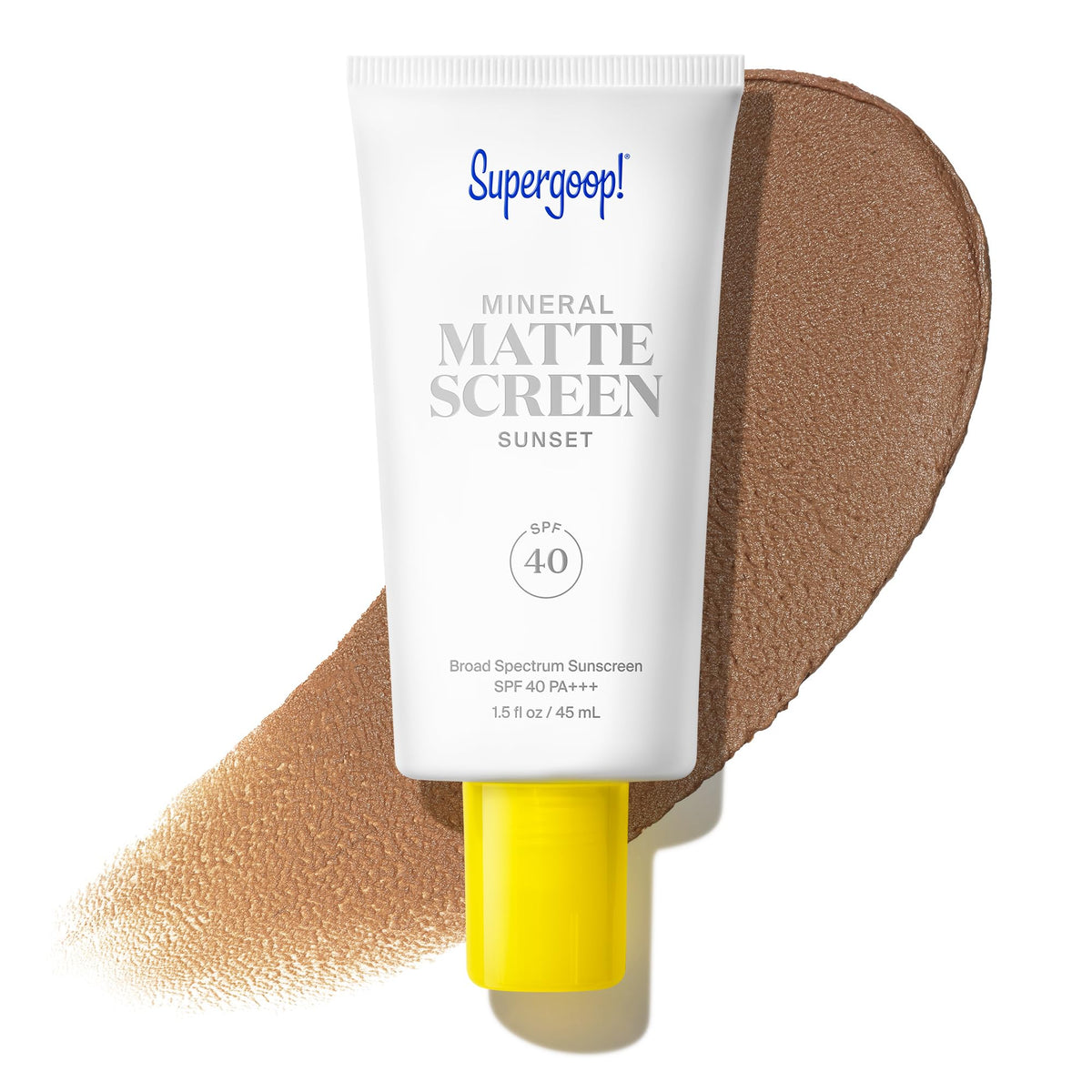 Supergoop! front packaging of Mineral Mattescreen showing compact 45 mL tube and tint benefit