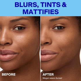 Supergoop! tube staged with makeup tools showing primer compatibility and matte benefit