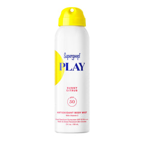Supergoop! front packaging of PLAY Antioxidant Body Mist showing SPF 50 benefit