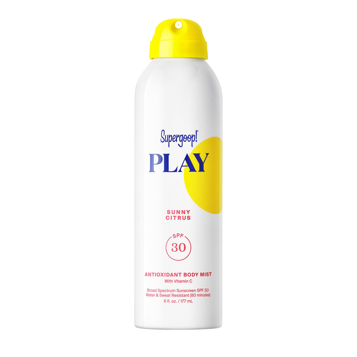 Supergoop! front packaging of PLAY Antioxidant Body Mist showing label and size