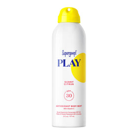 Supergoop! front packaging of PLAY Antioxidant Body Mist showing label and size