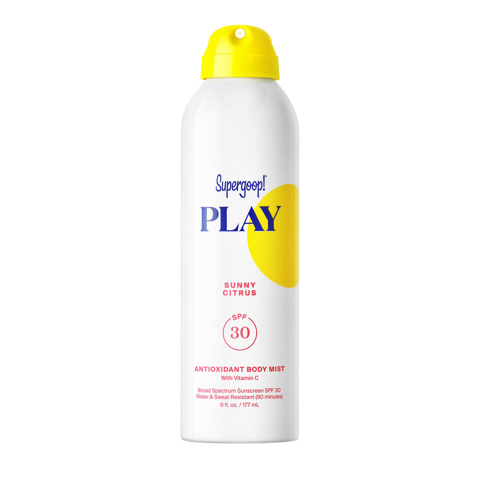 Supergoop! front packaging of PLAY Antioxidant Body Mist showing label and size