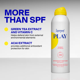 Supergoop! athlete applying mist during outdoor workout for active day coverage