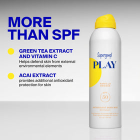 Supergoop! body mist being sprayed at the beach for active protection