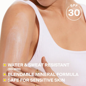 Supergoop! application on hand demonstrating smooth blendability and no grease