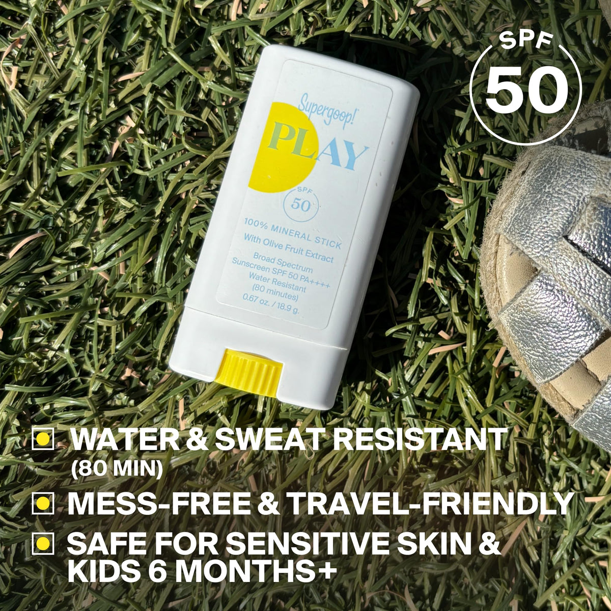 Supergoop! applying stick to cheek for targeted face protection and quick touch-up benefit