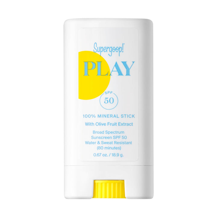 Supergoop! front packaging of PLAY Mineral Stick showing compact travel size and SPF 50 benefit
