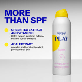 Supergoop! mist applied at beach showing water-resistant protection benefit