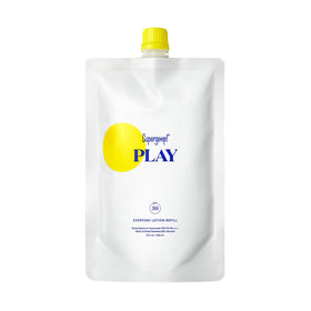 Supergoop! refill pouch front view showing branding and 18 fl oz size for easy pump top-up