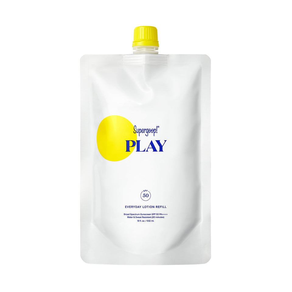 Supergoop! refill pouch front view showing branding and 18 fl oz size for easy pump top-up