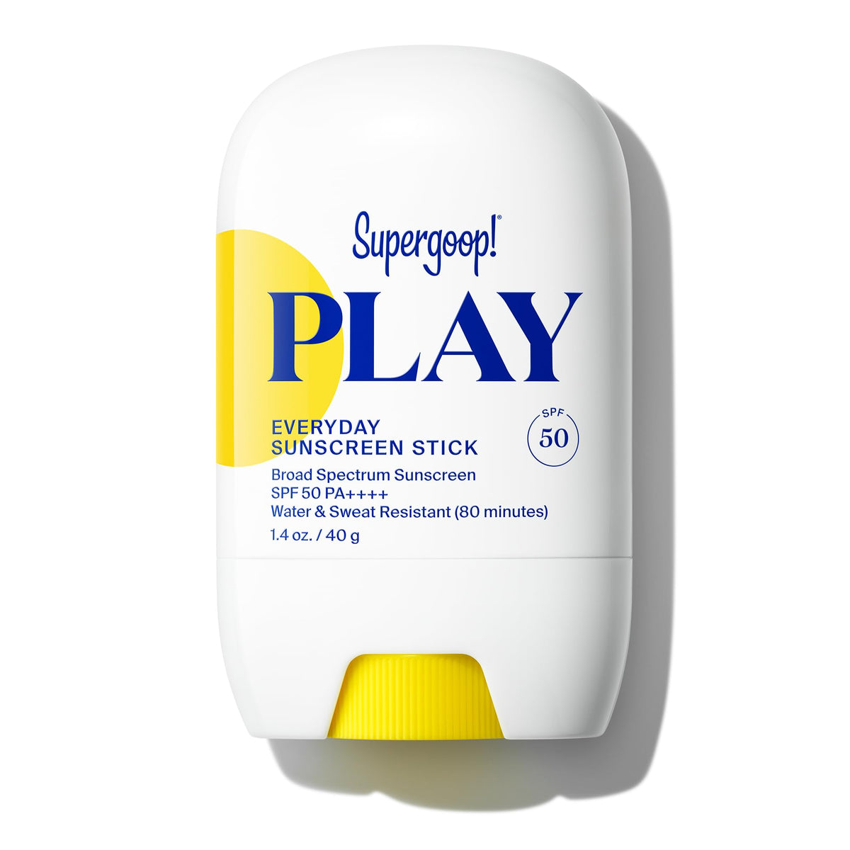 Supergoop! front packaging showing SPF 50 stick and portability benefits