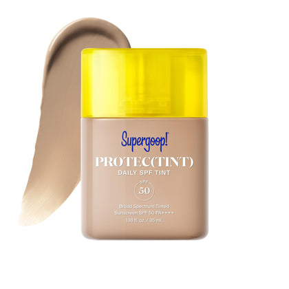 Supergoop! front packaging showing SPF 50 and shade 24N, protects and evens skin
