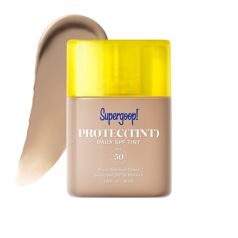 Supergoop! front packaging showing SPF 50 and shade 24N, protects and evens skin