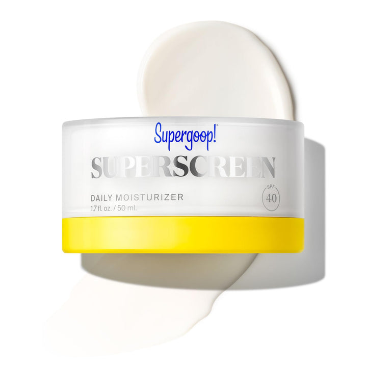 Supergoop! Superscreen front tube showing product branding and protection benefits