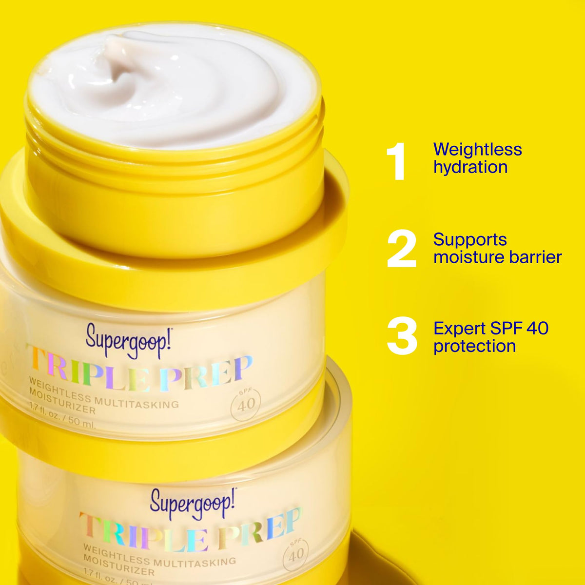 Supergoop! tube beside a ruler showing 1.7 fl oz size for travel-friendly benefit