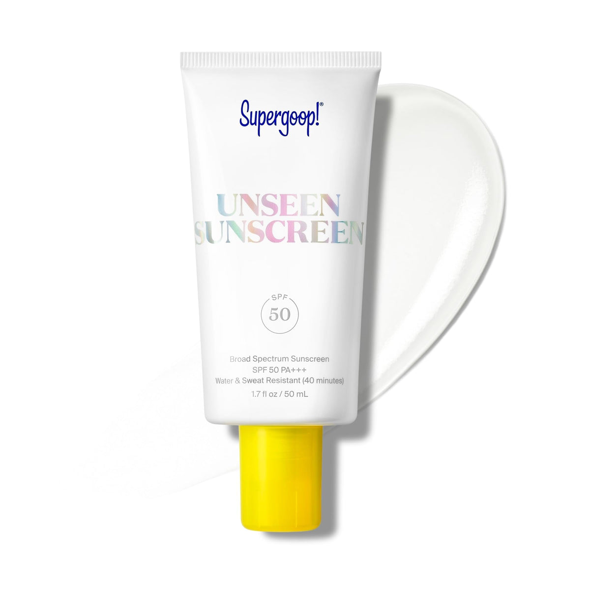 Supergoop! front packaging showing SPF 50 and clear finish benefits