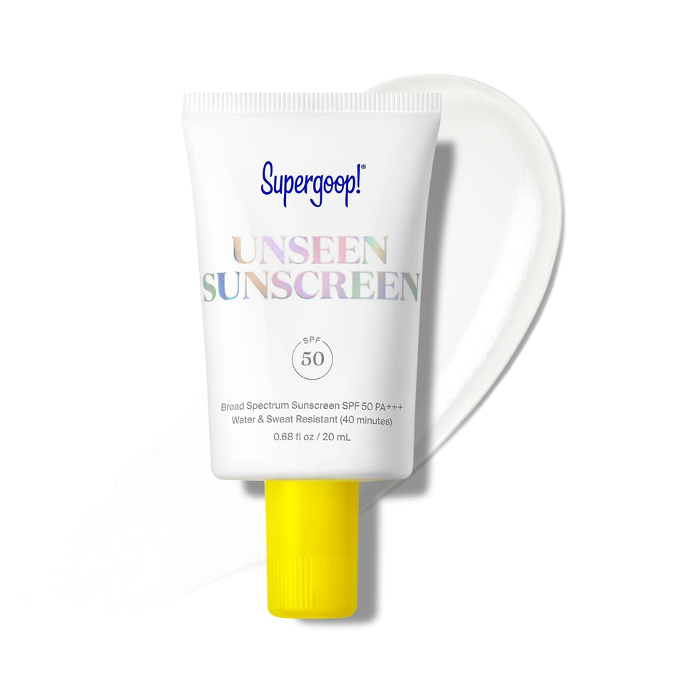 Supergoop! front packaging showing compact sunscreen tube and SPF 50 protection benefit