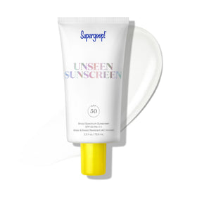 Supergoop! front packaging showing SPF 50 and clear finish benefit