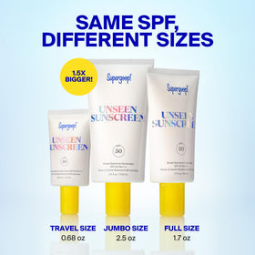 Supergoop! placed in a cosmetic bag for on-the-go sun protection convenience